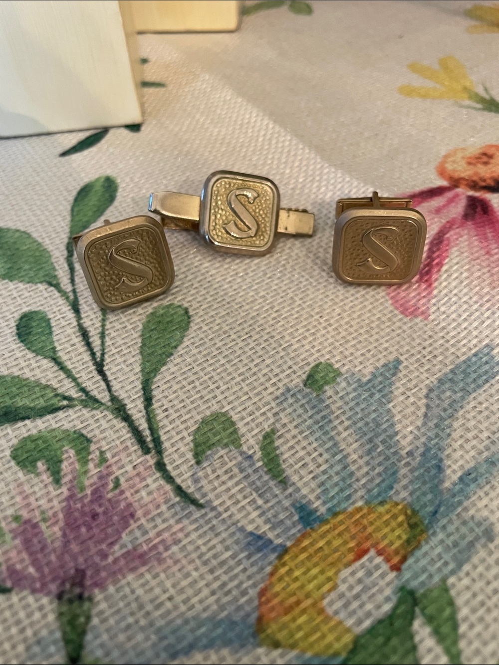 Monogram 'S' Gold-Tone Cufflinks and Tie Clip Set